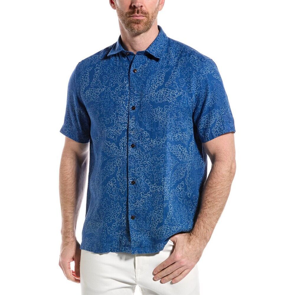 TED BAKER Men's 100% Linen Blue White Floral Print Hawaiian Button Up Shirt XL